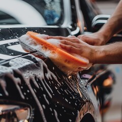 Car washer wipes windshield with foam sponge