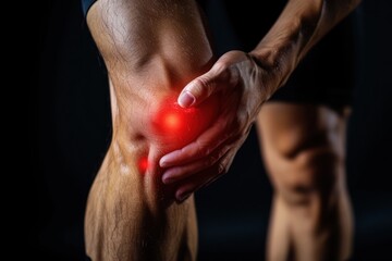 Man knee closeup with red elements to show the pain spot. ai generative