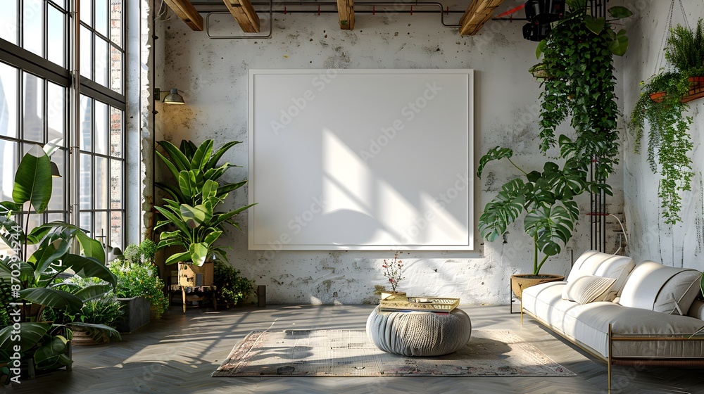 Poster stunning 3d rendering of a bright airy loft space with a hanging white background frame featuring in