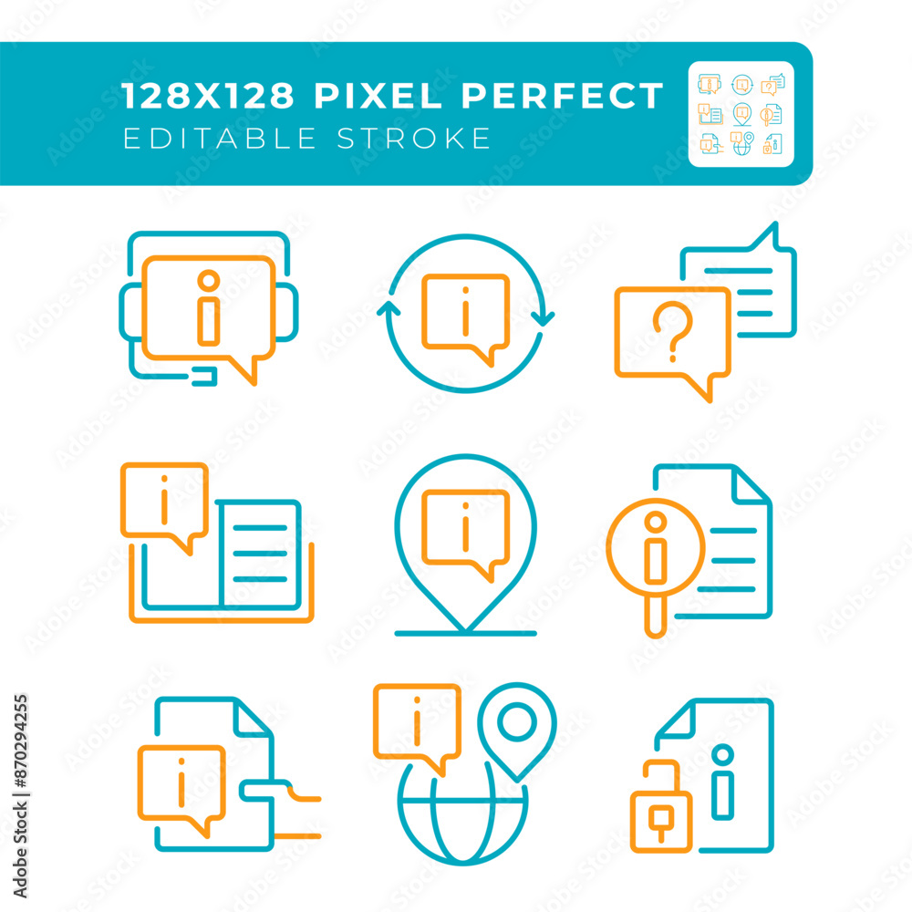 Poster information access two color line icons set. educational content. information sharing. user help. do