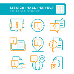 Information access two color line icons set. Educational content. Information sharing. User help. Documentation bicolor outline iconset isolated. Duotone pictograms thin linear. Editable stroke