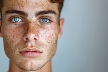 Fototapeta premium man with acne skin problem on face portrait, cosmetics for clean and natural skin for men. ai generative