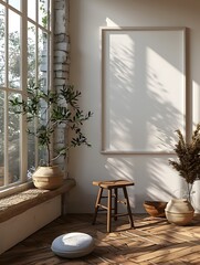 Sleek Scandinavian influenced white frame floating in an airy bright interior space with clean lines pale wood tones and a serene peaceful ambiance