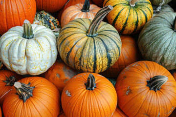 A close-up view of a variety of pumpkins, showcasing different colors and sizes, at a market
