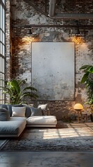 Minimalist 3D Rendered White Backdrop Frame in Stylish Industrial Loft with Exposed Brick Polished Concrete and Dramatic Lighting   Contemporary and Elegant Interior Design Scene