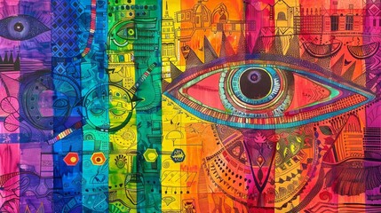 Obraz premium Vibrant and colorful mural featuring an abstract eye with various patterns and symbols