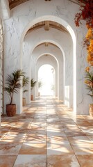 Fototapeta premium Peaceful Mediterranean Villa Backdrop with Pristine White Walls Terracotta Tiles and Golden Sunlight