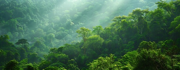 Obraz premium International Day of Forests: A lush forest with diverse trees and wildlife, symbols of conservation. Rich, green tones. copy space for text, sharp focus and clear light, high clarity no grunge,