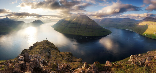 Superb sunset view from populat tourist attraction - Klakkur peak, Faroe Islands, Denmark, Europe....