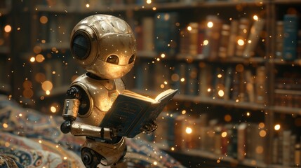 Fototapeta premium Robot Reading a Book in a Library - Generative AI