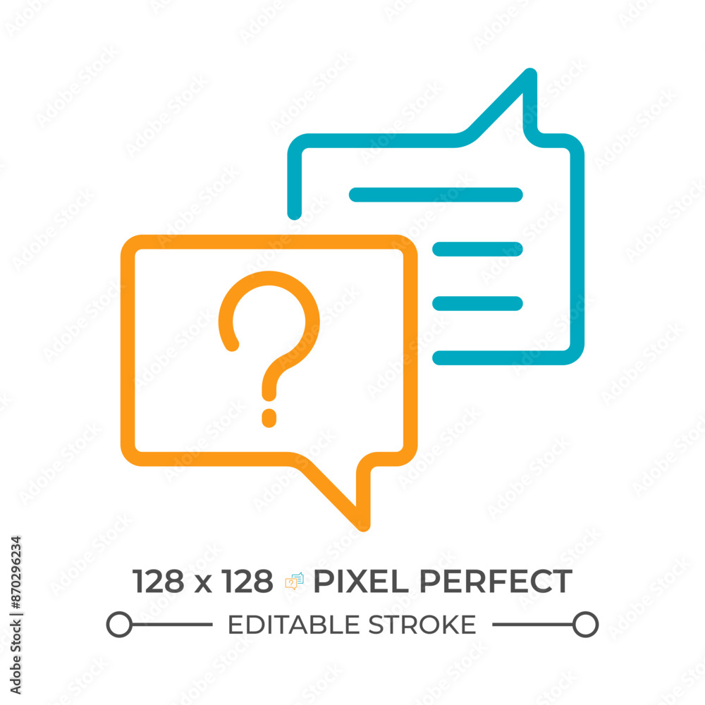 Poster customer inquiry two color line icon. client support. asking questions. chat help. chat bubble and q
