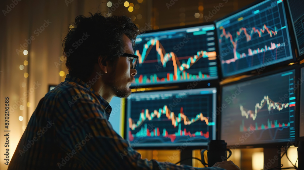 Poster man analyzing stock market data on multiple computer monitors in dark room