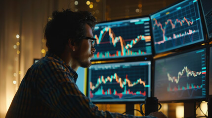 Man Analyzing Stock Market Data on Multiple Computer Monitors in Dark Room
