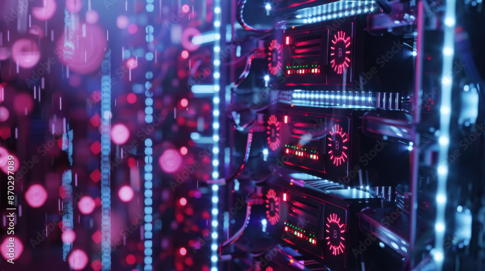 Poster close-up of cryptocurrency mining hardware with glowing led lights in data center