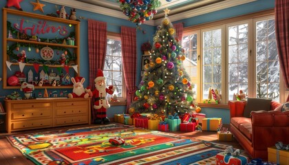 Cozy Christmas Room with a Decorated Tree and Gifts