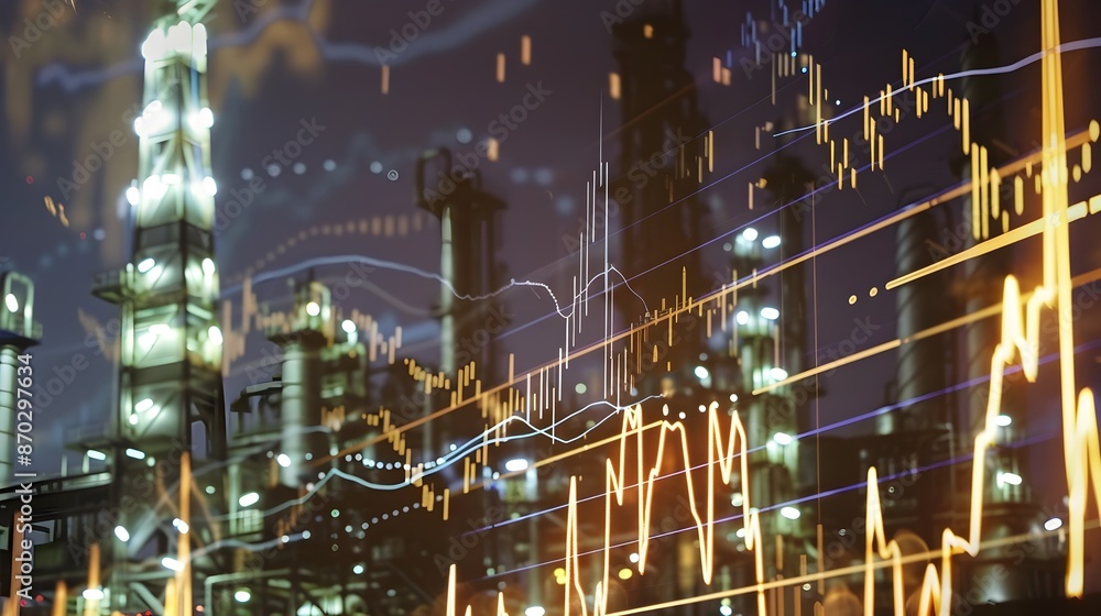 Poster illuminated cityscape with finance data visualization and candlestick chart display