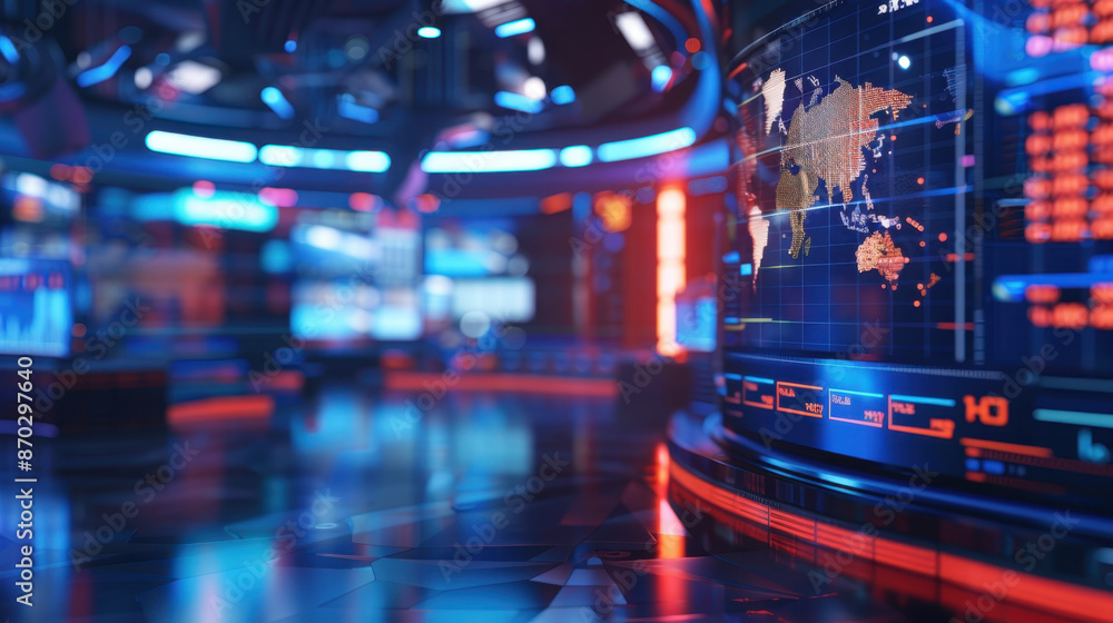 Poster futuristic control room with global digital map display and technology interface in vibrant colors