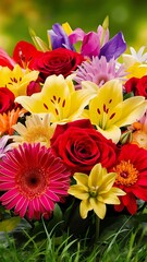 Beautiful bright flowers on green background