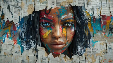 Vibrant 3D Rendered Mural with Expressive Female Portrait and Torn Newspaper Fragments