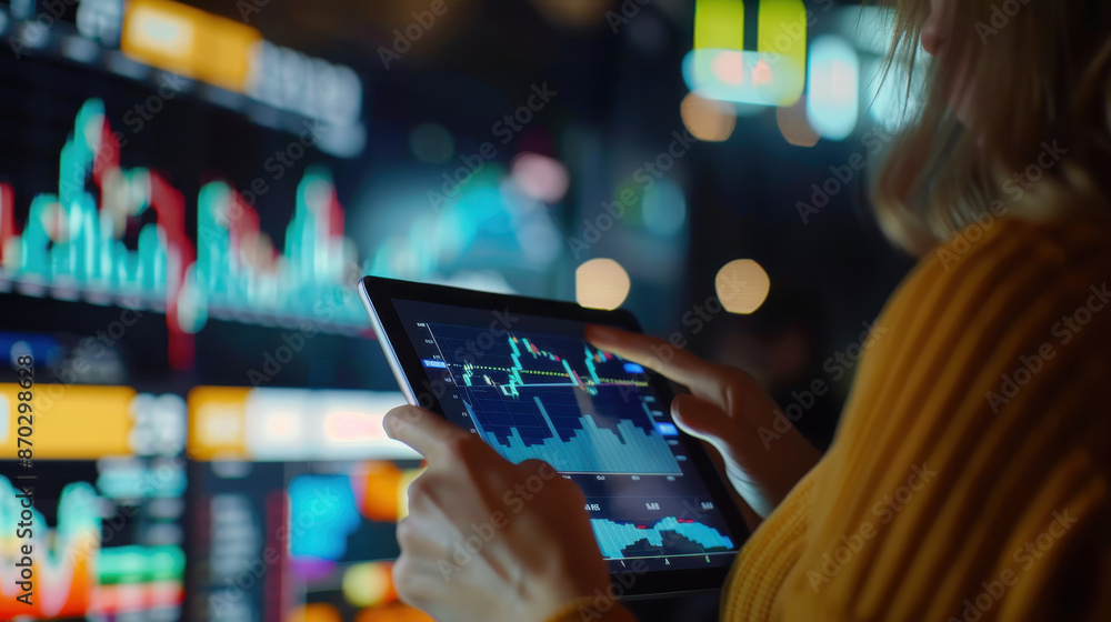 Poster person analyzing financial charts on tablet in front of multi-monitor trading setup in dimly lit env