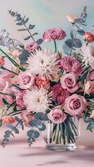 Flowers bouquet made of roses chrisantemum carnation and baby eucalyptus leaves on a pastel background