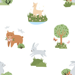 Vector seamless forest pattern. Cute children's illustration with wild forest, bushes, grass and wild animals in trendy style with texture.