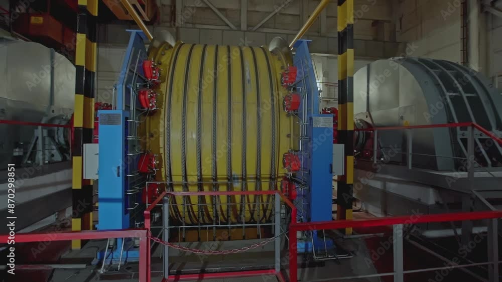 Poster mechanism with ropes for mines. stock clip. drum of winch of mine lifting system in production. mult