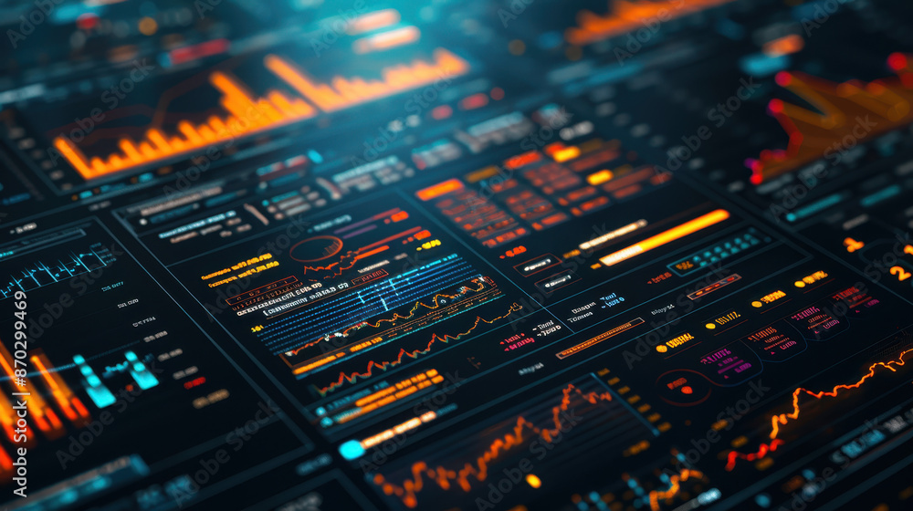 Poster futuristic digital data dashboards with graphs, charts, and analytics on a dark background