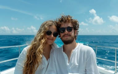 Couple Enjoying a Boat Ride on a Sunny Day.