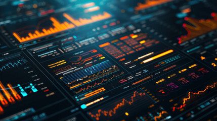 Obraz premium Futuristic digital data dashboards with graphs, charts, and analytics on a dark background