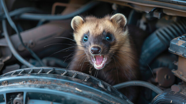 Marder beisst in Kabel. Marder im Motorraum eines Autos.