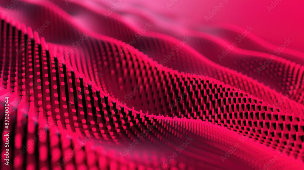 Poster captivating red abstract background with curved surfaces and halftone dots.