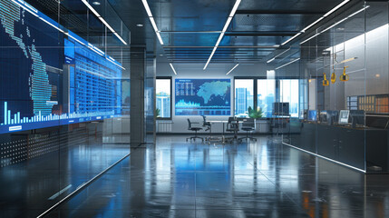 Modern high-tech office with large digital screens, glass walls, and city view