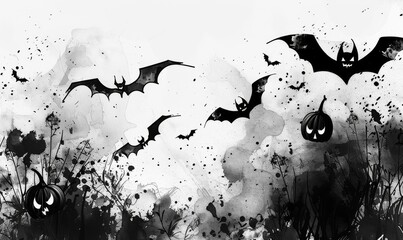 A black and white Halloween themed poster with bats and pumpkins 