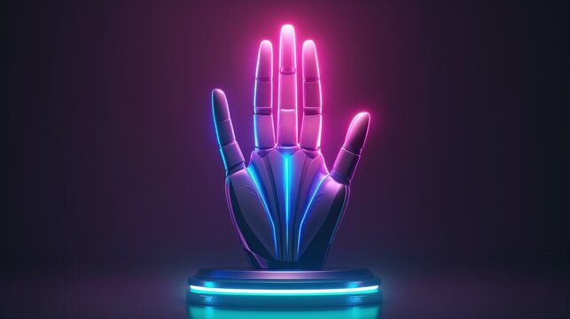 Vibrant 3D rendering of a futuristic robot hand with cyberpunk tech display on a gaming stage backdrop.