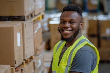Smiling warehouse worker with a tape gun in a graveyard, a man in a yellow vest packaging cartons in a box at a factory background