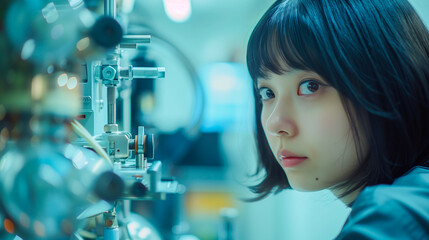 Young Asian professional woman inspecting machinery in an industrial factory.