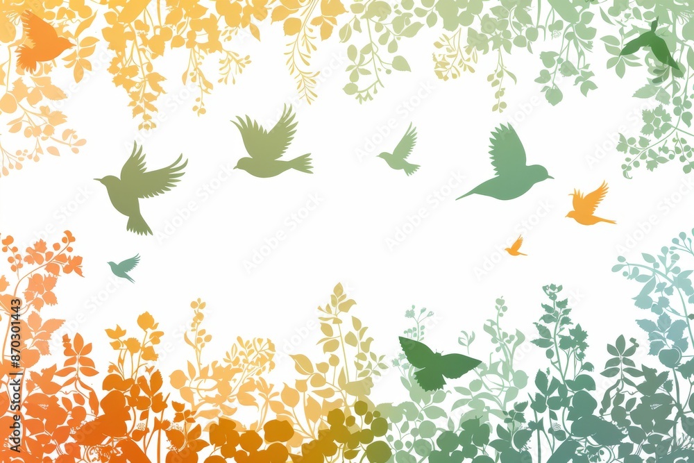 Poster peaceful transition of birds across seasons represented in a colorful vector design symbolizing chan