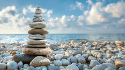 Fototapeta premium Artistic arrangement of stones forming pyramid shape on pebbly shore