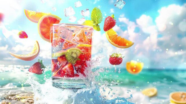 fruit cocktail. fruits and ice flying out from the cocktail, the background is a beautiful tropical coastline with deep blue and turquoise sea clean, bright, colorful and fresh