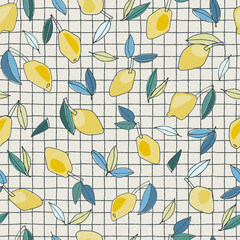 Seamless pattern with hand drawn lemons for textile, home decor, visual communication, content, social media background, posters, illustrations against a thin checkered background Healthy vegan food