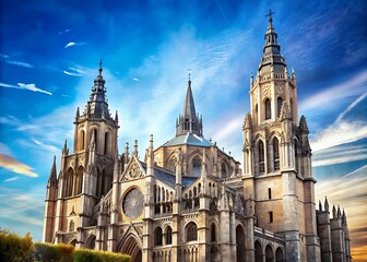 Fototapeta premium Majestic Toledo Cathedral rises against a brilliant blue sky, its Gothic spires and ornate stone carvings a testament to Spain's rich cultural heritage.