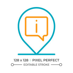 Info pin two color line icon. Travel guide. Information assistance. Map pin and chat bubble bicolor outline symbol. Duotone linear pictogram. Isolated illustration. Editable stroke