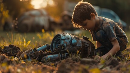 Curious Child Discovers Buried Futuristic Robotic Sentinel in Backyard Wonderland