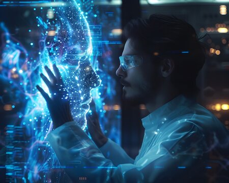 Scientist Interfacing with Sentient on Holographic Display Discussing Quantum Theories - Powered by Adobe