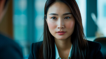 Obraz premium Portrait young asian professional woman face with a classic bob hair, confidently presenting a new product in a sleek modern office.