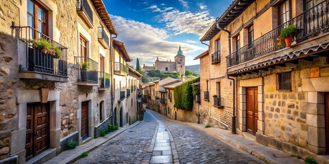 Fototapeta premium Narrow cobblestone streets of historic Toledo Spain winding through ancient buildings with ornate stone facades and decorative iron balconies under clear blue sky.