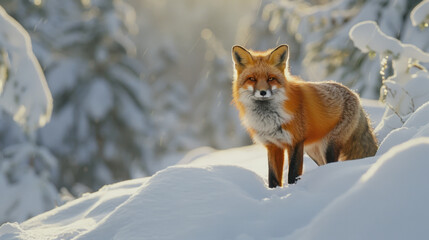 Fototapeta premium Red fox standing on snowy ground in winter forest