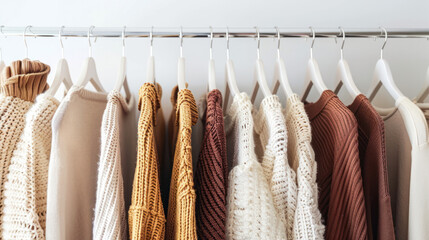 A close-up shot of a clothing rack with white hangers showcasing a variety of knit sweaters in warm neutral colors like beige, brown, and yellow