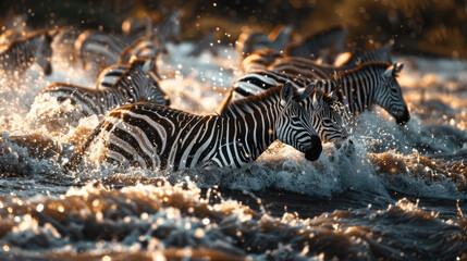 Fototapeta premium Zebras running through river water during migration at sunrise in African savannah